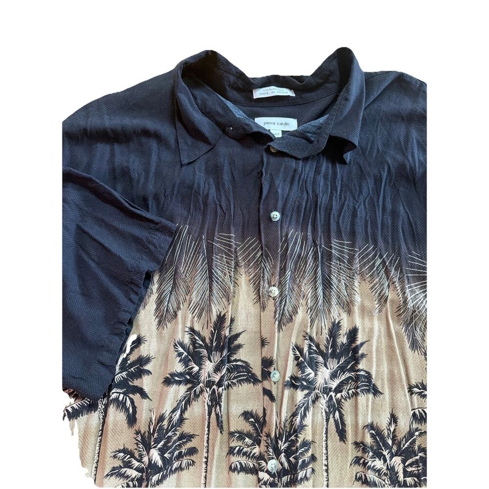 HAWAIIAN SHIRT PIERRE CARDIN BLACK / TAN & WHITE PALMS PRINT Men's 3XLT